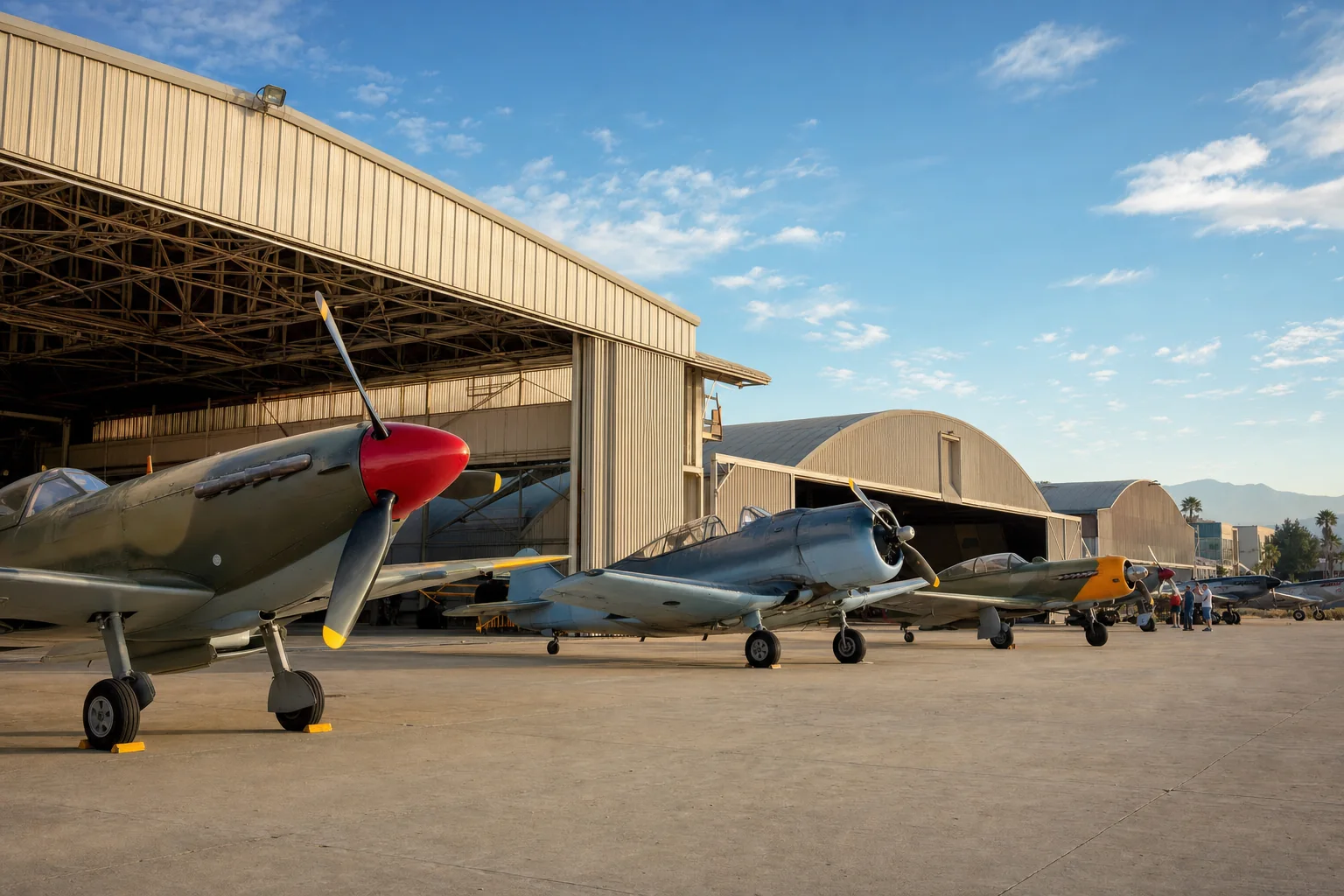 Vintage propeller aircraft and historic hangars representing Planes of Fame Air Museum