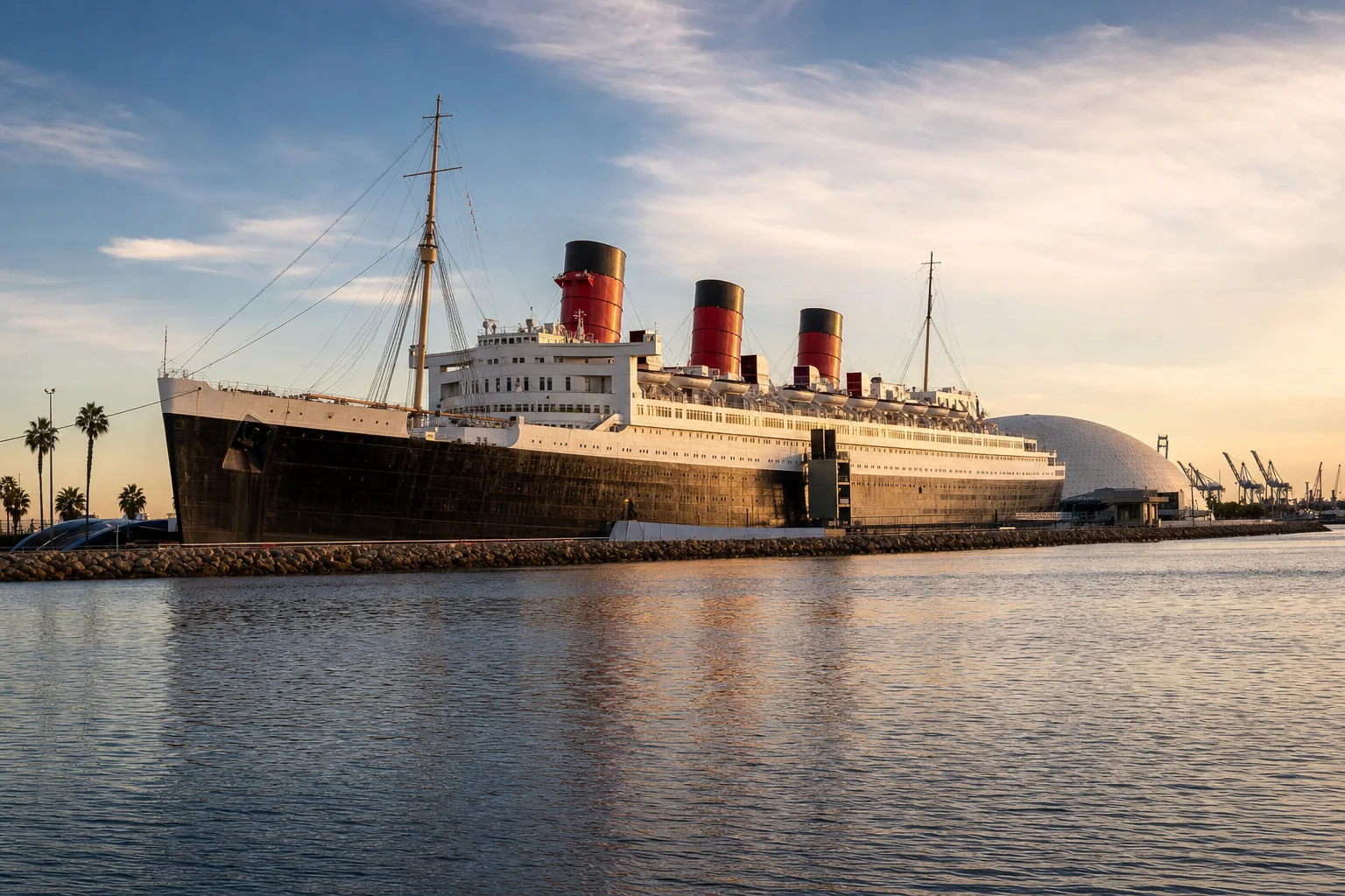 Historic three-funnel ocean liner moored on the Long Beach waterfront representing the Queen Mary
