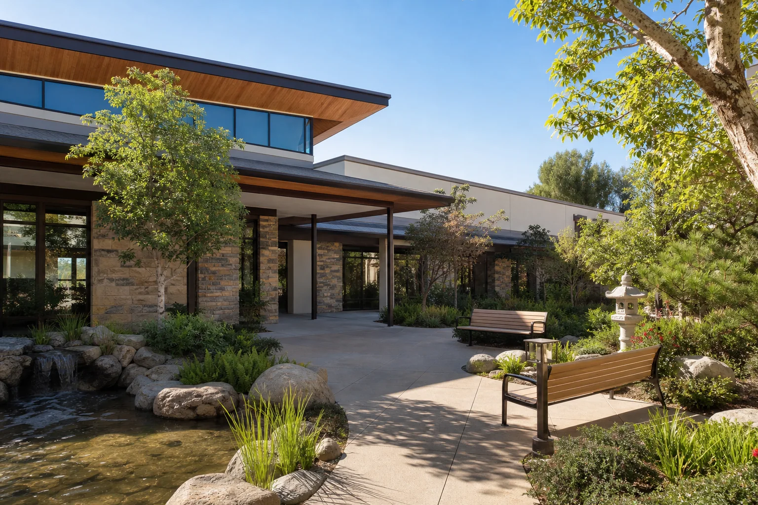 Contemporary public library and landscaped reading garden representing Rowland Heights Library