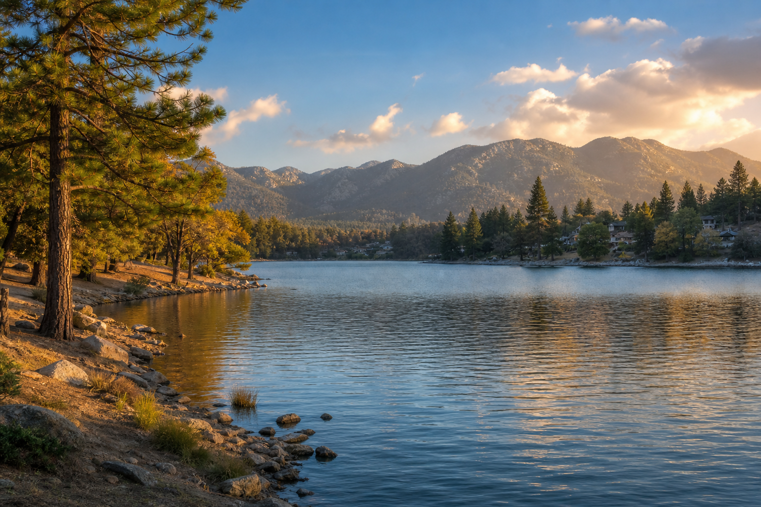 Editorial illustration of Lake Gregory in the San Bernardino Mountains