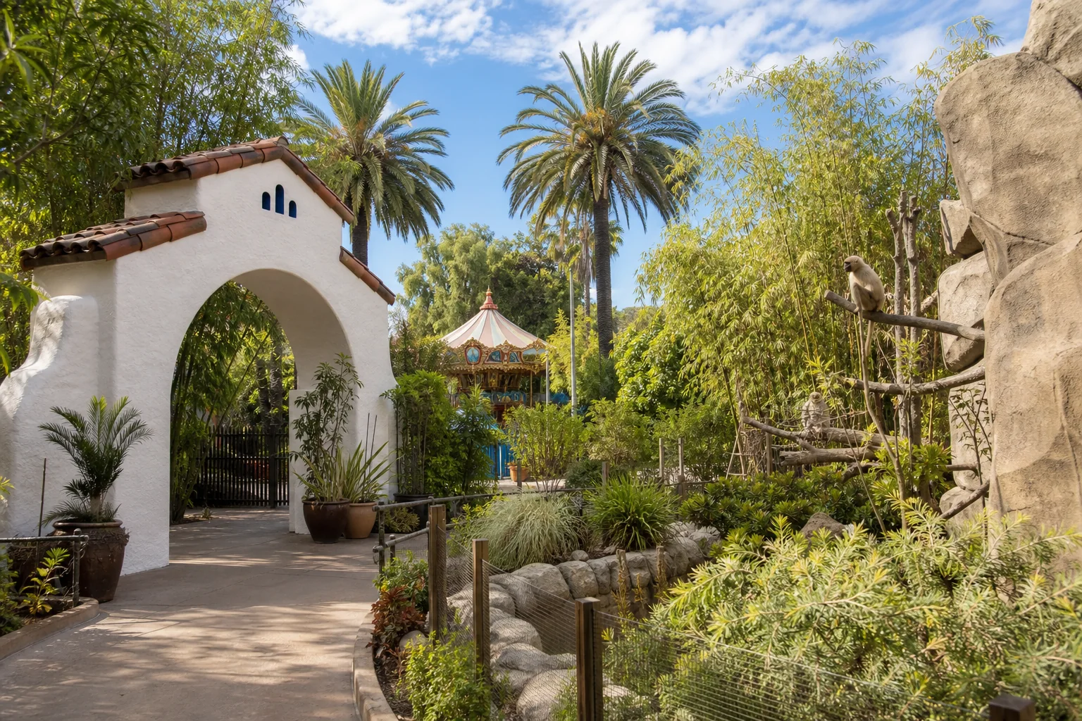 Mission-style garden entrance, carousel, and primate habitat representing Santa Ana Zoo