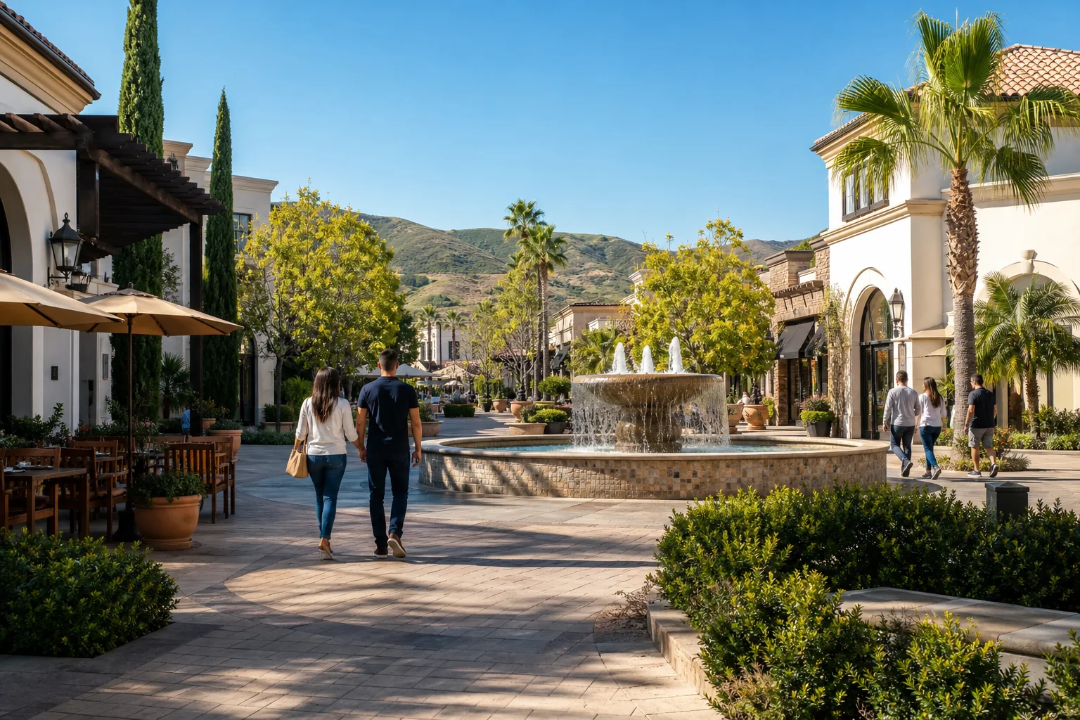 Open-air shopping promenade and fountain representing The Shoppes at Chino Hills