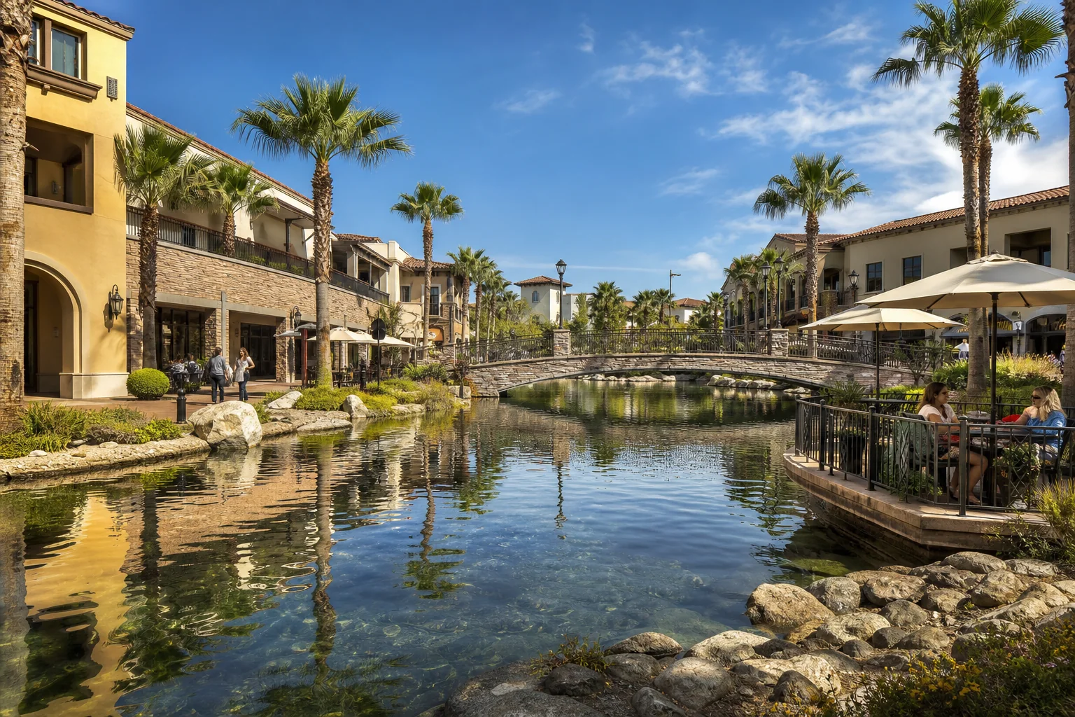 Lakeside retail promenade, pedestrian bridge, and palm trees representing The Shops at Dos Lagos