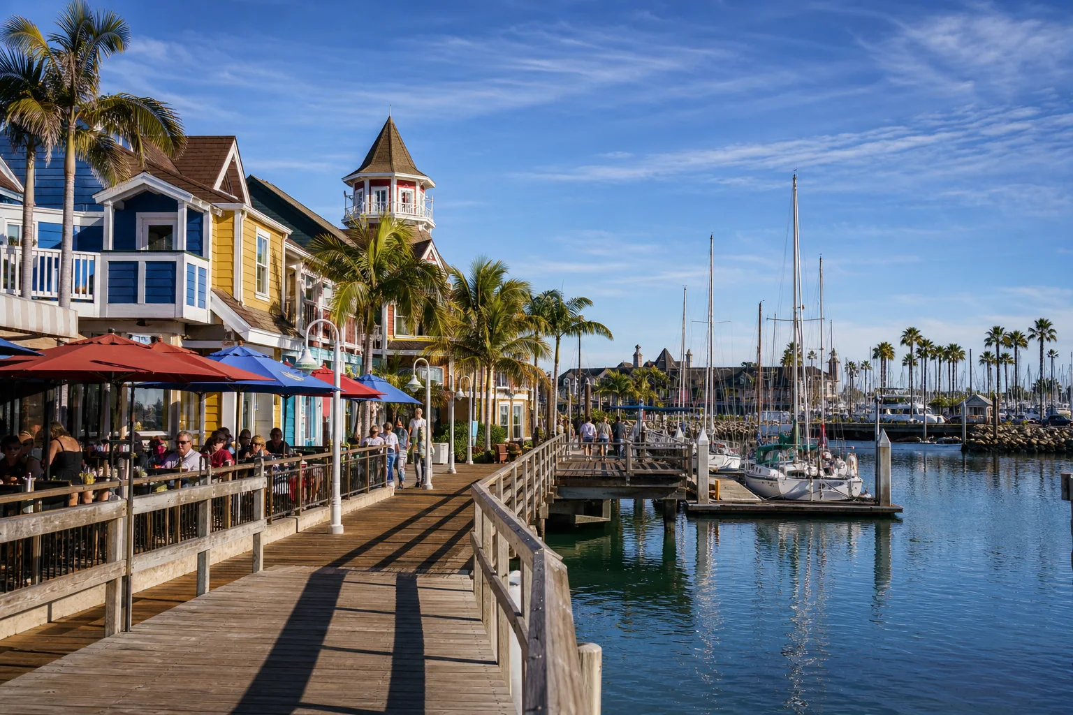 Colorful waterfront promenade and marina sailboats representing Shoreline Village in Long Beach