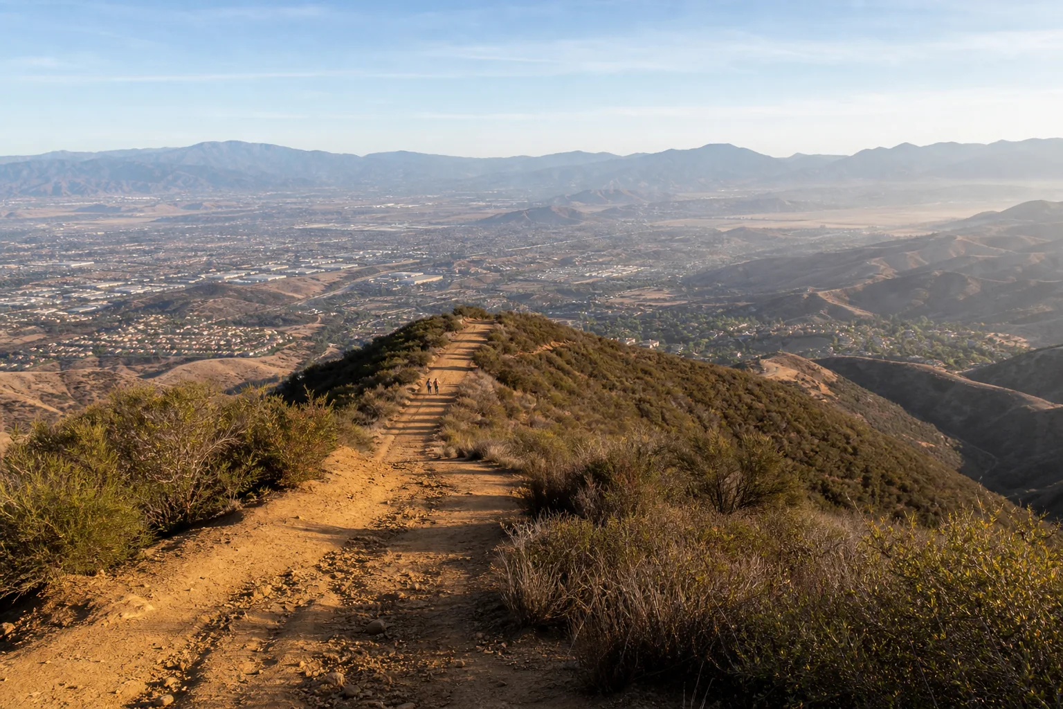 Chaparral ridge trail with panoramic Inland Empire views representing Skyline Drive Trails in Corona