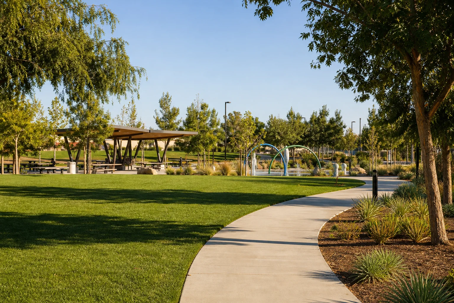 Curving path, modern pavilion, and splash area representing Stanton Central Park