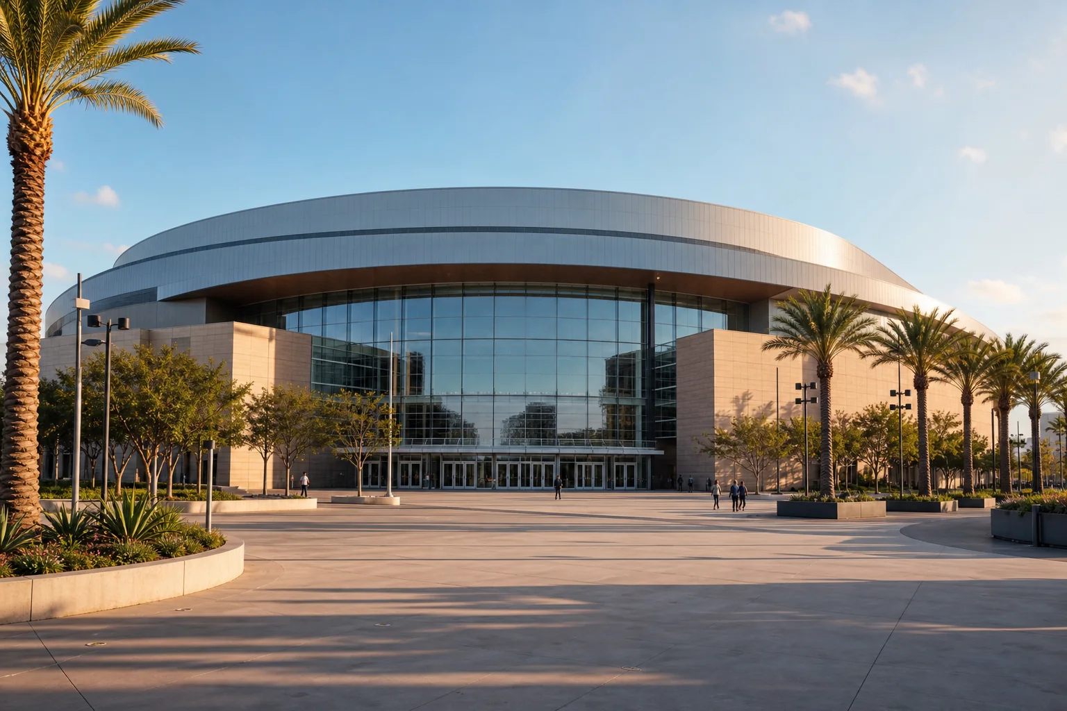 Contemporary oval arena and palm-lined plaza representing Toyota Arena in Ontario