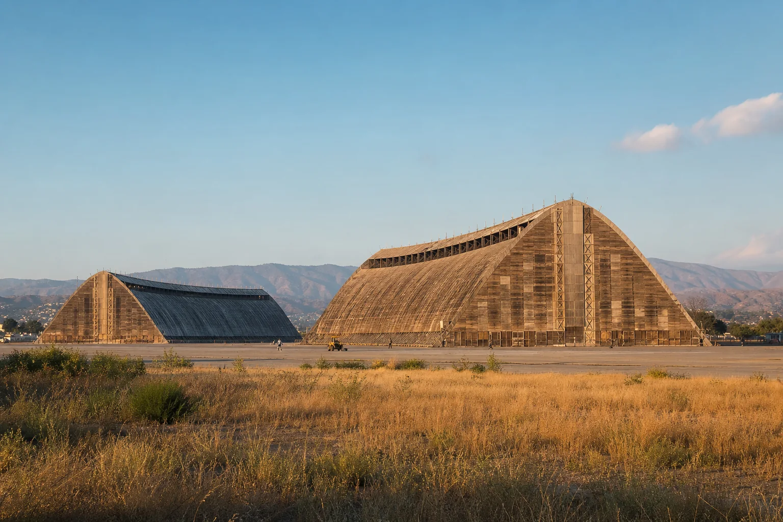 Two monumental wooden blimp hangars on the former Tustin airfield