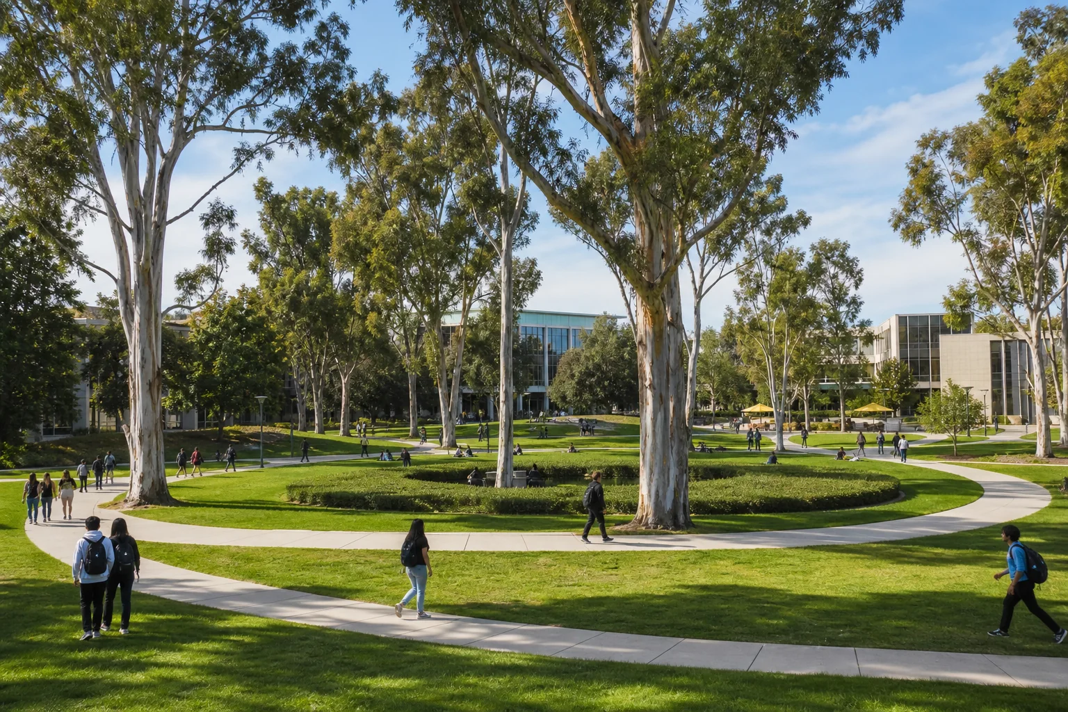 Curving paths, eucalyptus trees, and campus lawns representing the University of California, Irvine