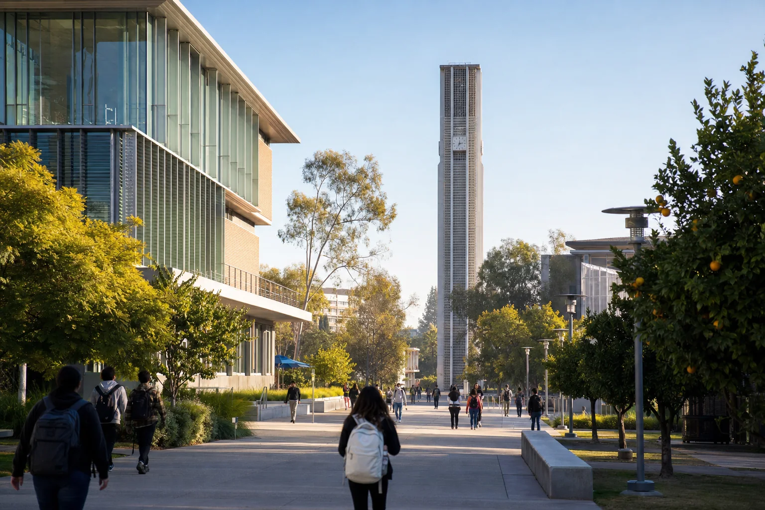 Bell tower and pedestrian campus mall at the University of California, Riverside