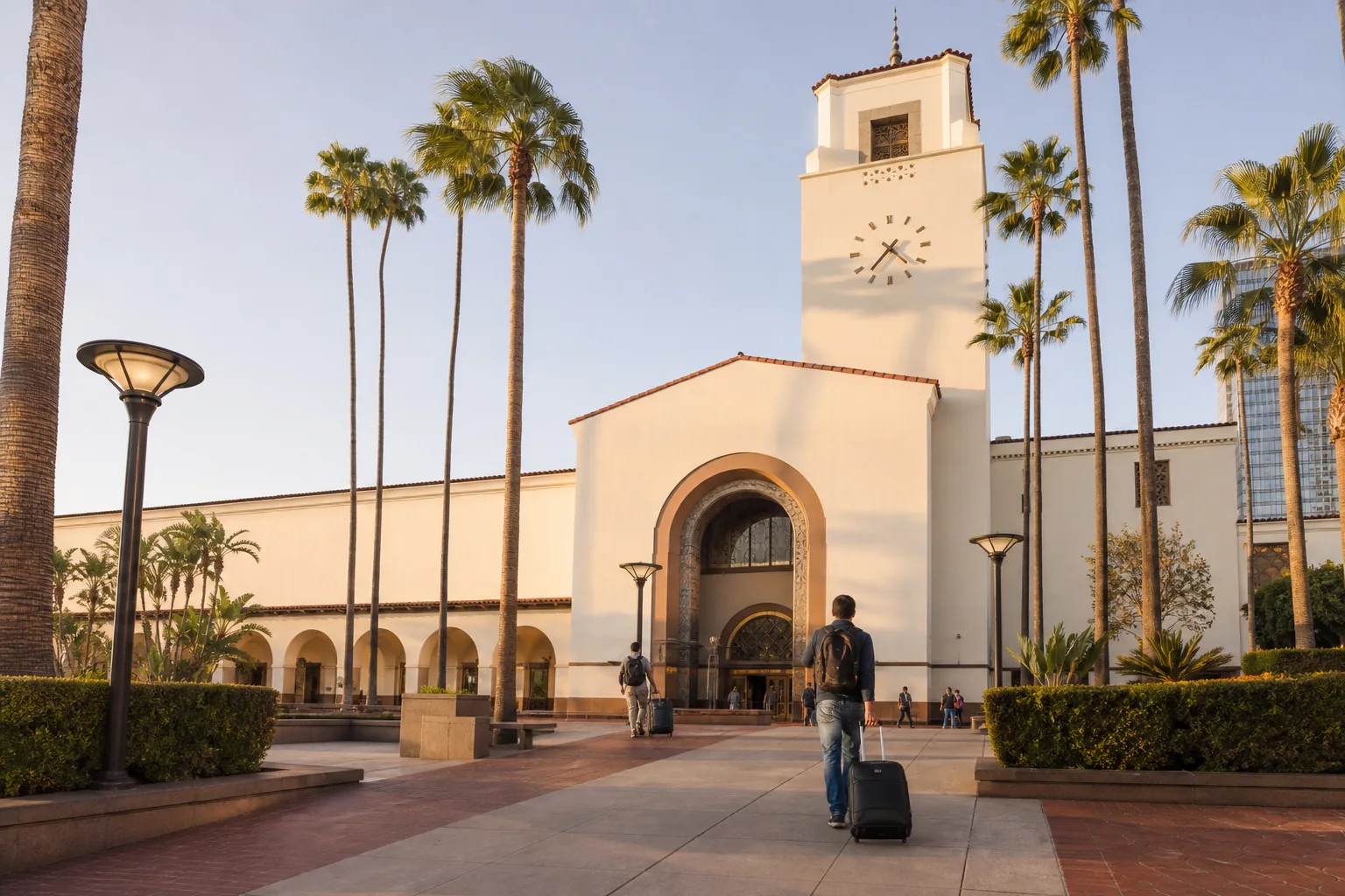 Spanish Colonial station facade, clock tower, and palms representing Los Angeles Union Station