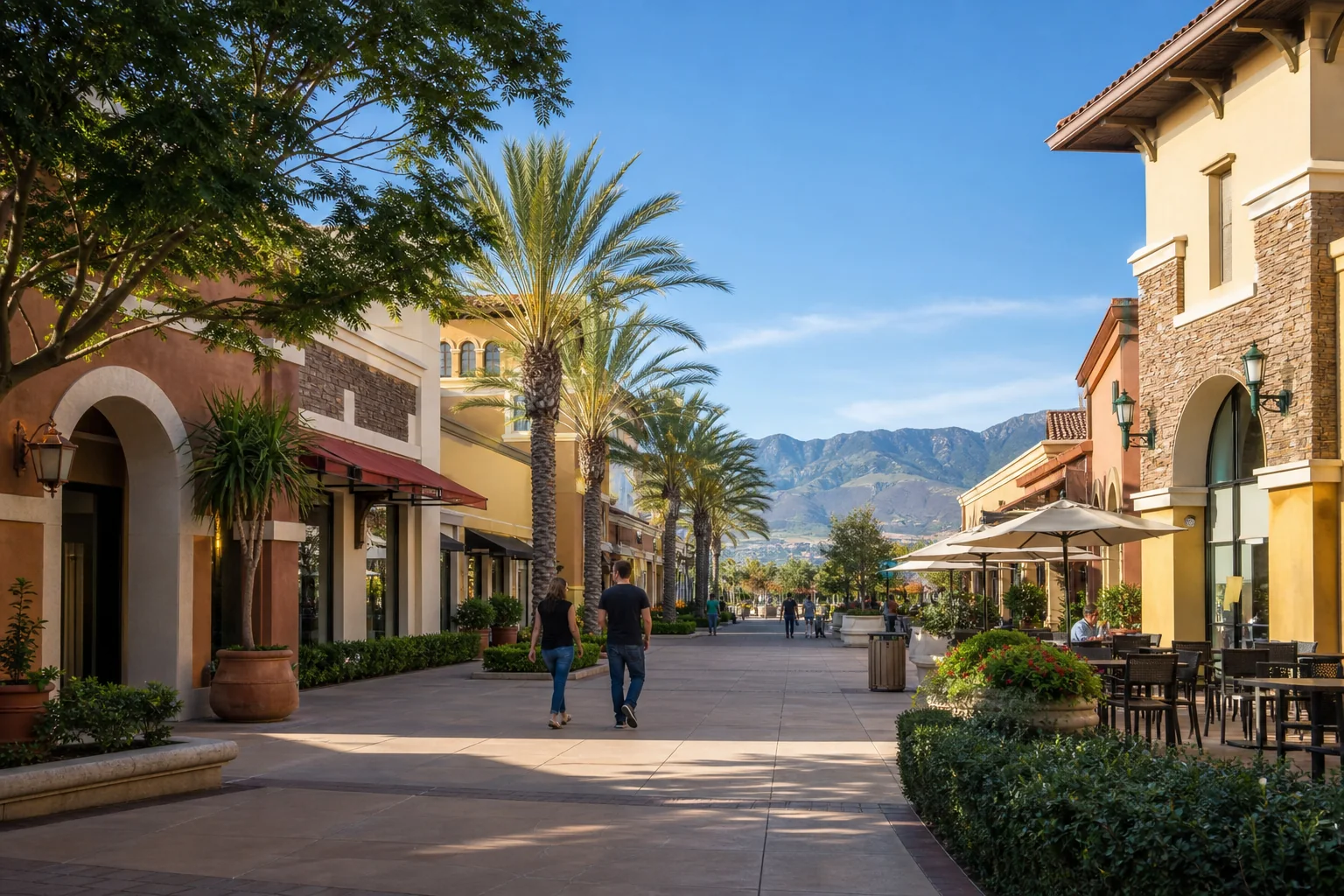 Mediterranean-style pedestrian retail street representing Victoria Gardens in Rancho Cucamonga