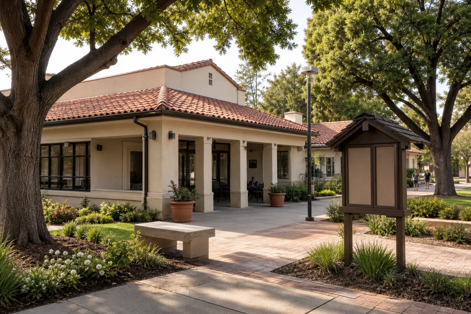Intimate community facility and landscaped courtyard representing Villa Park Community Services