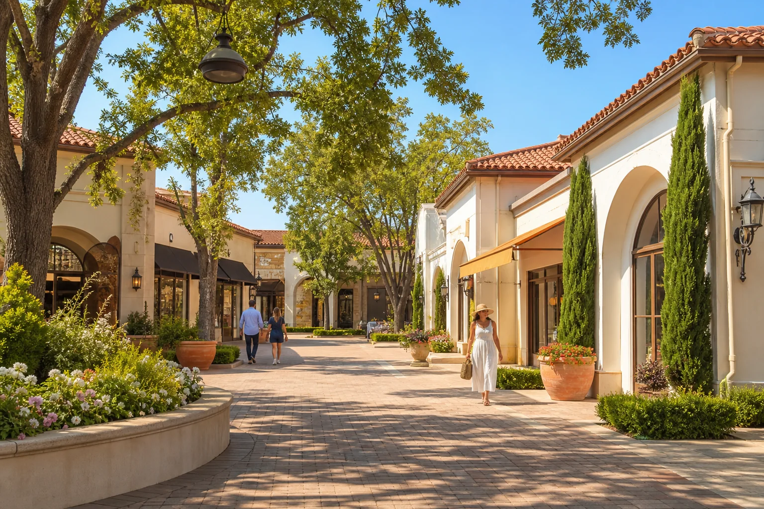 Spanish-style storefronts and shaded retail courtyard representing Villa Park Town Center
