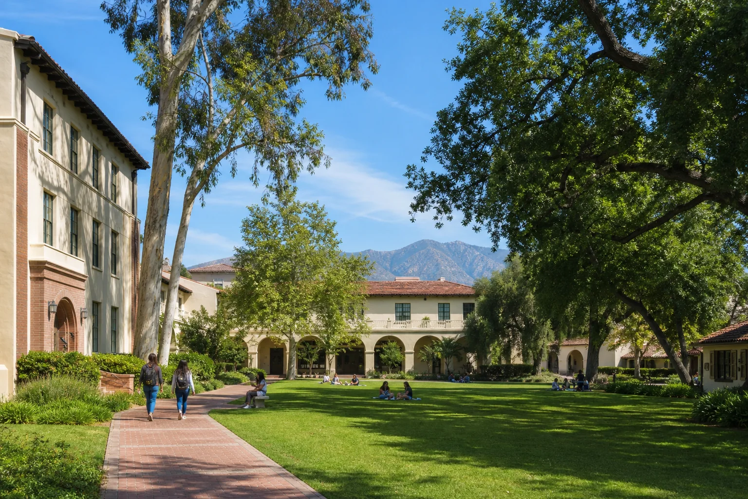Historic academic buildings, arched walkways, and central green representing Whittier College