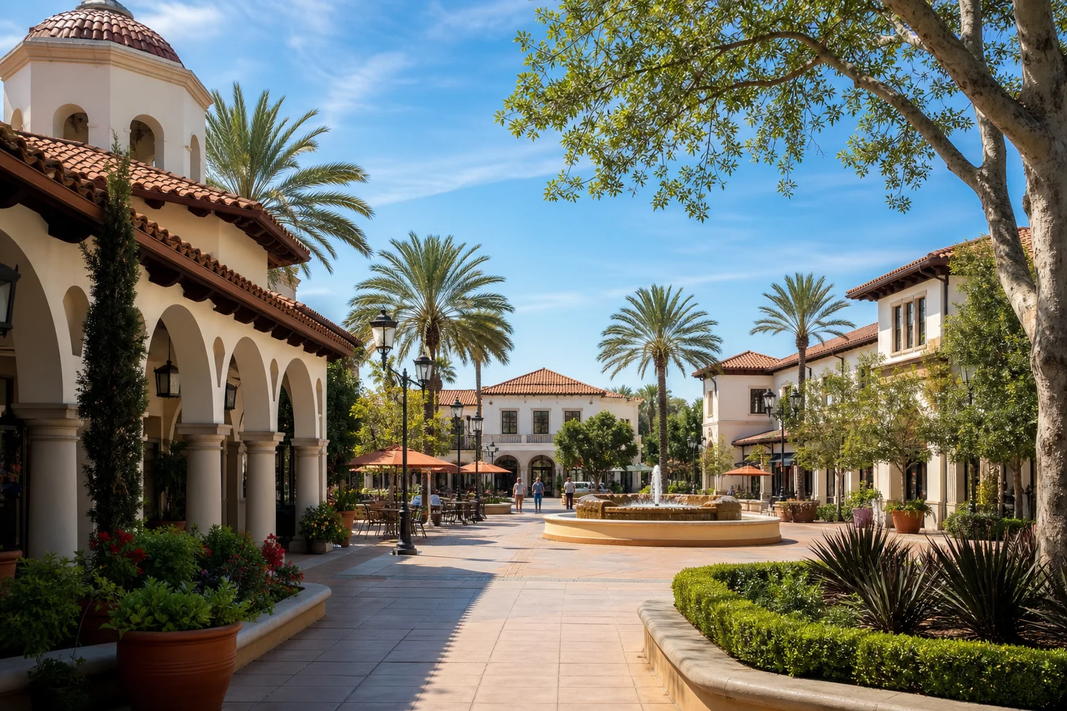 Spanish-style arcades, fountain, and dining plaza representing Yorba Linda Town Center