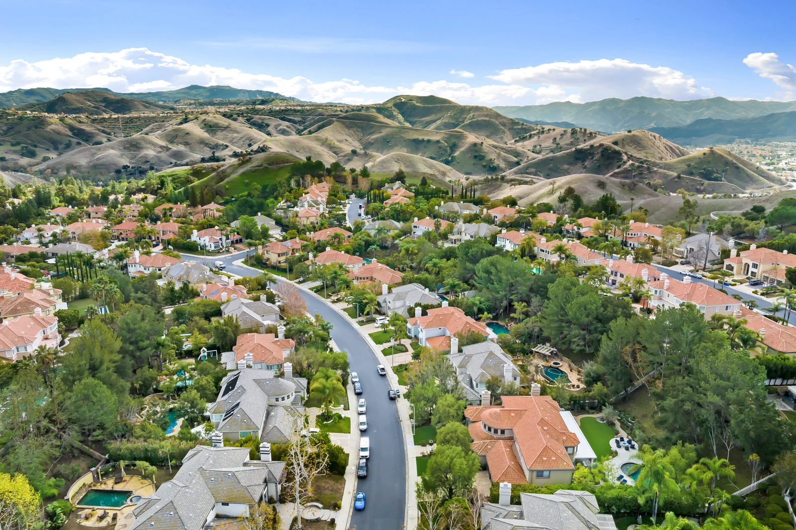 Aerial view of a California residential neighborhood surrounded by hills