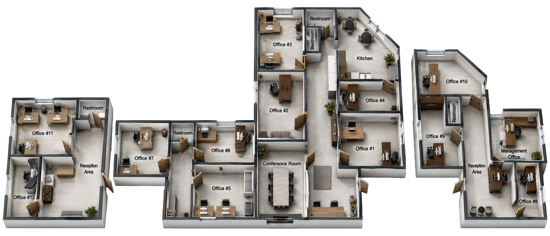 ZworkSpace floor plan — 12 private offices, conference room, kitchen, reception areas