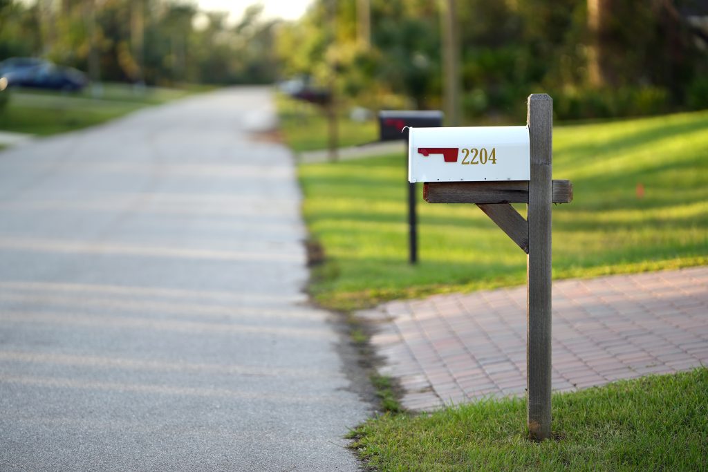 Residential mailbox on a suburban street