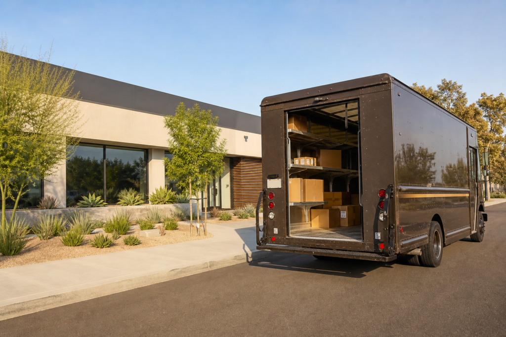 Unbranded brown parcel delivery truck parked outside a modern office building