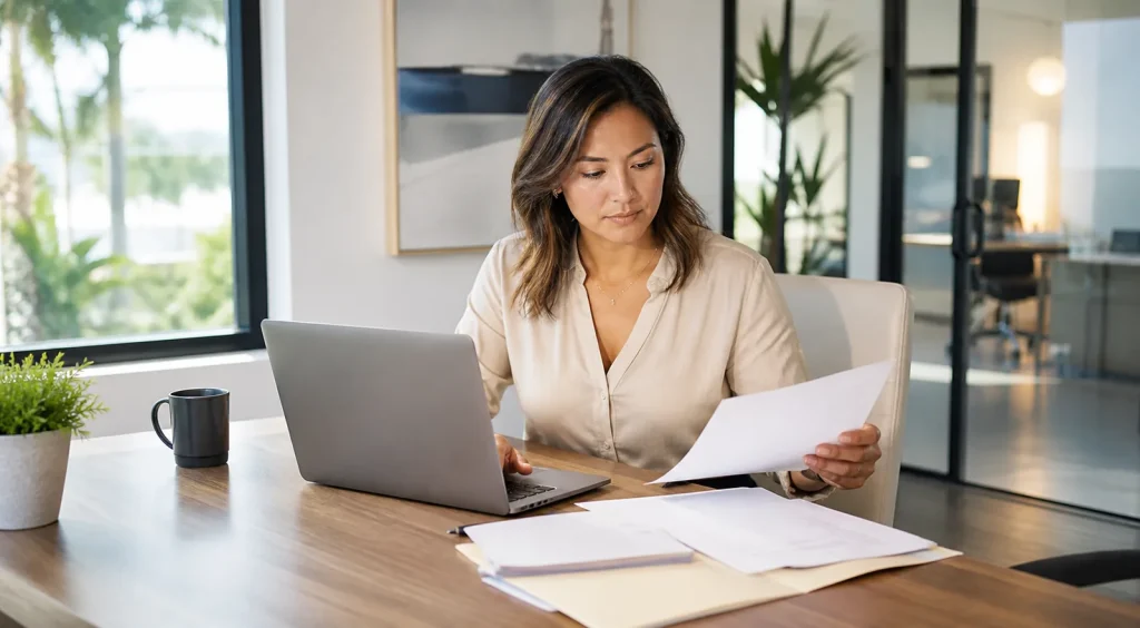 Business owner reviewing Fullerton business registration documents in a private office