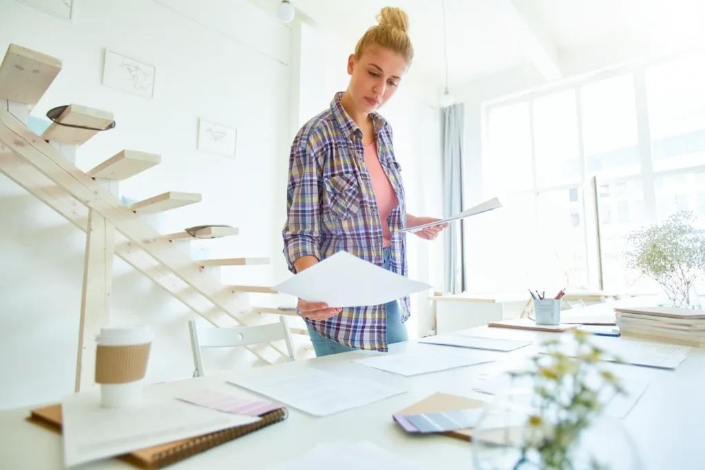 Business owner reviewing documents as part of an internal registered-agent notice workflow.